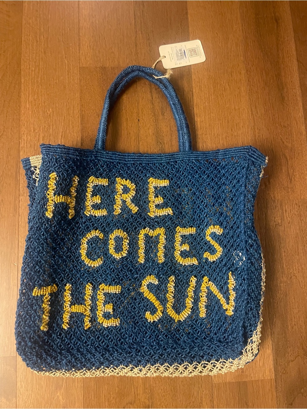 Blue Jute Tote Bag with Yellow "Here Comes The Sun"